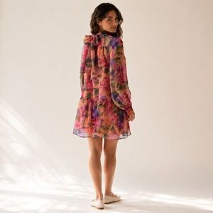 En Crème Floral Chiffon Bow Back Mini Dress M Romantic Cottagecore
